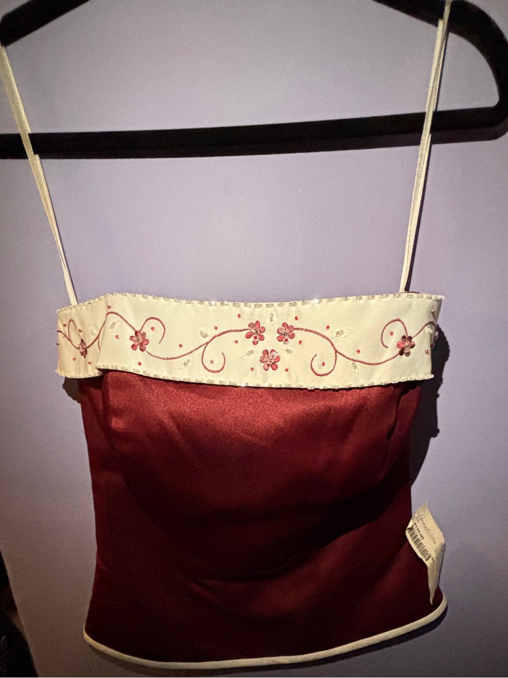 Satin Burgundy And White Embroidered Cami Top + Skirt Set